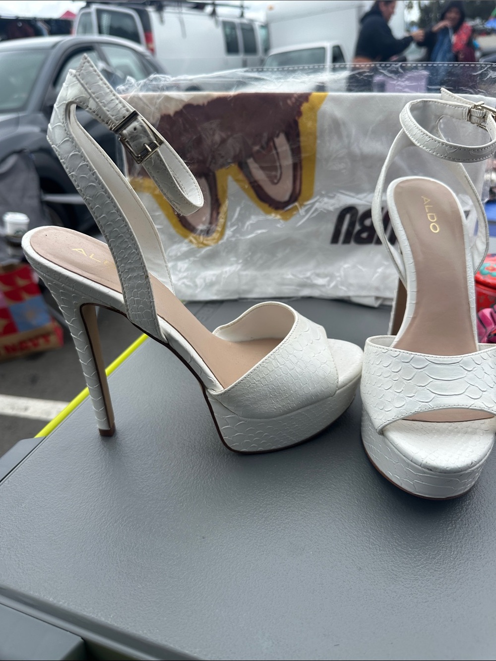 Aldo White Snake-Embossed Ankle-Strap Platform Heels - Picture 2 of 6